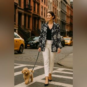 Vintage Easy Pieces silk floral,fully lined,w/pockets,lapels,ruched hem,buttons